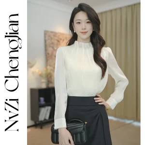 Women's Cloud Woven Silk Luminous Beige Flowing iny irt Stand Collar Faionable Top Polyester Fiber Long Sve Regular Fit - AliExpress Shirts & Blouses