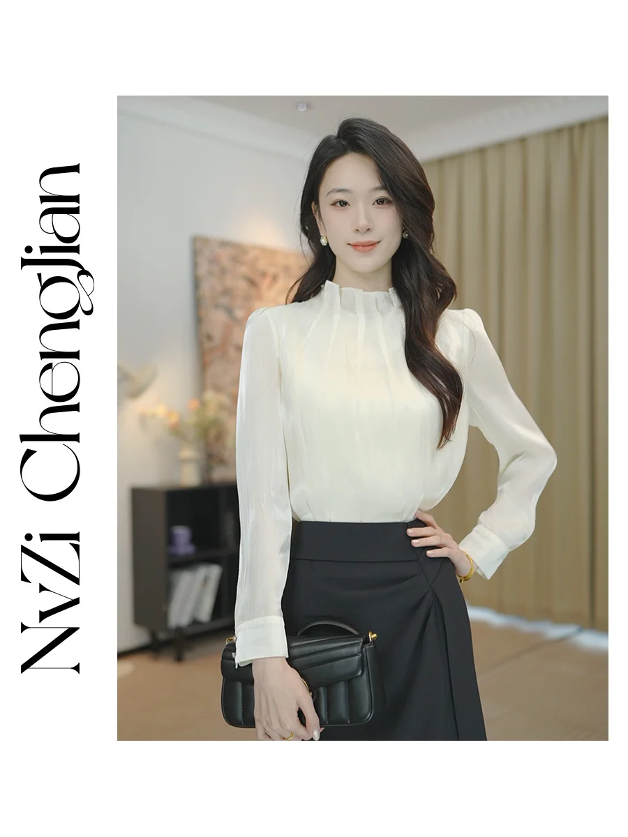 Women's Cloud Woven Silk Luminous Beige Flowing iny irt Stand Collar Faionable Top Polyester Fiber Long Sve Regular Fit - AliExpress Shirts & Blouses