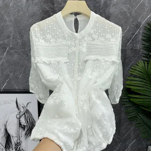 Silk ort Sve Top Women's Embroidered Floral round Ne Straight Fit Summer Faion Casual Wear Hand Feel Amazing - AliExpress Shirts & Blouses