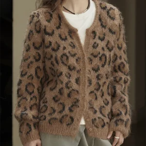 HanOrange 2025 Winter Retro Fashion V-neck Leopard Pattern Wool Knitted Cardigan Women Silhouette Loose Sweater - AliExpress Sweaters&Jumpers