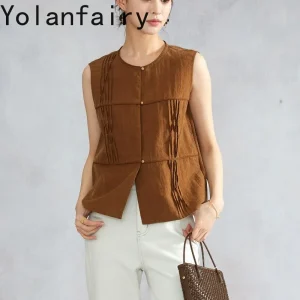 YOLANFAIRY Hand Beaded 100% Mulberry Silk Shirt for Women Pleated Silk Vest Gambiered Ladies Tops and Blouses Elegant Waistcoat - AliExpress Shirts & Blouses