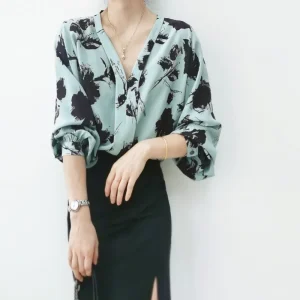 Chinese Silk Shirt Women V-neck Lantern Sleeves Pullover Mulberry Silk Long-sleeved Shirt - AliExpress Shirts & Blouses