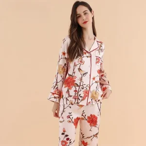 19 Momme 100% Mulberry Silk Pajama Set Floral Print Women's Long Sleeve Button Top & Trousers Pajamas 2pcs Sleepwear Home Suit - AliExpress Women's Sleep & Lounge