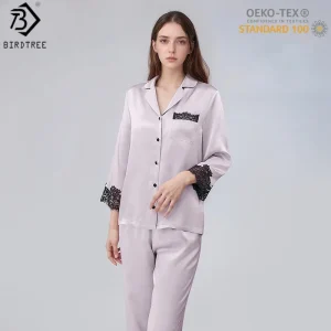 BirdTree,OEKO-TEX, 100%  Silk Pajamas Set,Women's Solid Full Sleeve Lapel Lace Homewear Casual Clothes,2026 New P5D932JF - AliExpress Women's Sleep & Lounge
