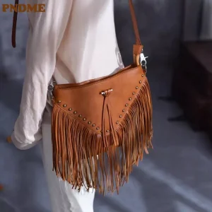 PNDME Fashion Vintage Designer Genuine Leather Women's Tassel Bag Casual Outdoor Real Cowhide Female Shoulder Crossbody Bag - AliExpress Women's Handbags