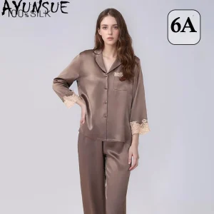 AYUNSUE 100% Mulberry Silk Sleepwear Women Home Clothes 16MM Real Silk Pajama Set Spring Summer Sets Long Sleeve Top Pants - AliExpress Women's Sleep & Lounge