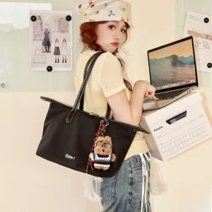 Black Large Capacity Nylon Tot Bag Commute Single Shoulder Bag 2026 Spring Summer Seasonal Trend Splicing Leather Strap - AliExpress Women's Handbags