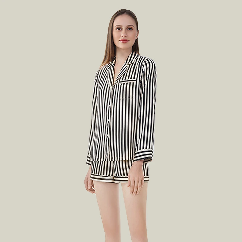 100% Mulberry Silk Pajama Set for Women 19Mm Striped Print Shorts Loungewear Casual Summer Homewear 2 Piece Set - AliExpress Women's Sleep & Lounge