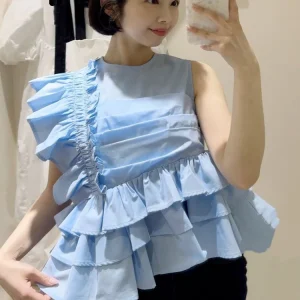 Elegant Loose Cotton Blouse Pure Color Gathered Hem Shirt Women's Summer Breathable Comfortable round Neck Sleeveless Top - AliExpress Shirts & Blouses