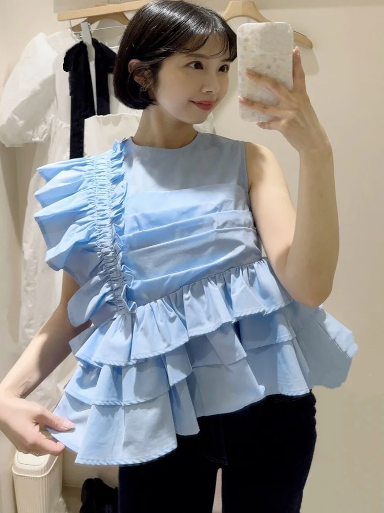 Elegant Loose Cotton Blouse Pure Color Gathered Hem Shirt Women's Summer Breathable Comfortable round Neck Sleeveless Top - AliExpress Shirts & Blouses