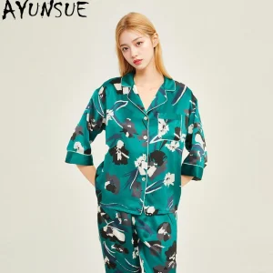 AYUNSUE Real Silk Pajamas for Women Casual Stylish Pajama Sets Half Sleeve Tops Long Pants Womens Matching Sets Пижама Женская - AliExpress Women's Sleep & Lounge