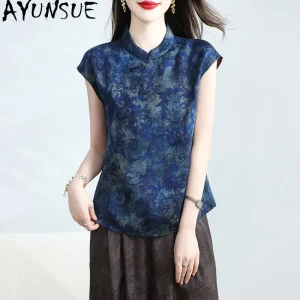 AYUNSUE 100% Mulberry Silk T-shirt Elegant Blouses for Women Summer Clothes Vintage Womens Tops slim Fit Print Blusas De Mujer - AliExpress Shirts & Blouses