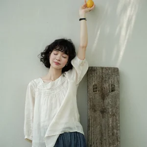 Loose Fit Linen irt Casual Drapey Feel Patchwork Women's Summer Japanese Sle round Ne Seven Sve Length Pure Color - AliExpress Shirts & Blouses