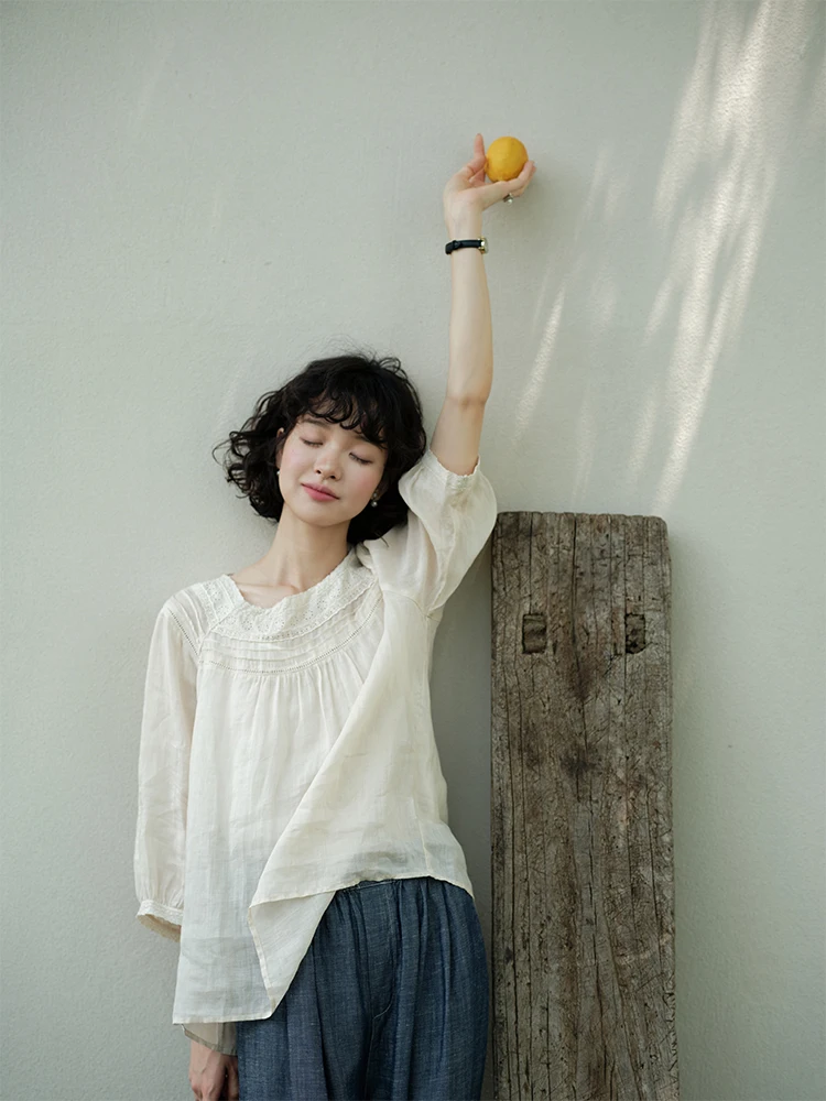 Loose Fit Linen irt Casual Drapey Feel Patchwork Women's Summer Japanese Sle round Ne Seven Sve Length Pure Color - AliExpress Shirts & Blouses