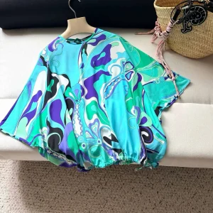 2026 Custom Green Blue Abstract Print Satin Batwing Top Women Drawstring Hem Loose Oversized Blouse Custom Logo Summer Cover Up - AliExpress Shirts & Blouses
