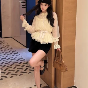 Dry Vintage Doll Sensation Lace Babydoll irt with Flounce Collar Nylon Fabric Court Sve Long Sve Women's irt - AliExpress Shirts & Blouses
