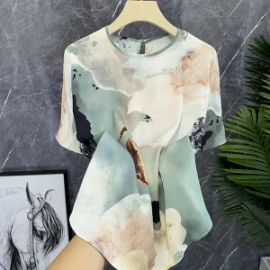Ele Floral Silk Satin Blouse Women's Top Retro Red Domestic 5K Floral Print round Ne ort Sve Commute Sle - AliExpress Shirts & Blouses