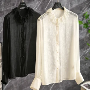 Glowing Silk Long Sleeve Doll Collar Open Cardigan Shirt Beautiful Original Design Straight Cut Button Detail Lace Trim Sprin... - AliExpress Shirts & Blouses
