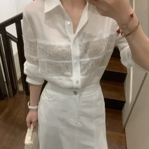White Lace Long Sve irt Women's Summer Versatile Acetate irt Collar Button Detail Loose Fit Polyester Blend - AliExpress Shirts & Blouses