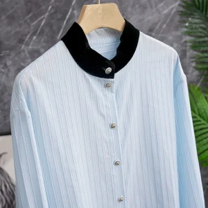 Velvet Long Sleeve Striped Shirt Women's Small Stand Collar Blue White Vertical Commute Style Pure Cotton Button Placket - AliExpress Shirts & Blouses