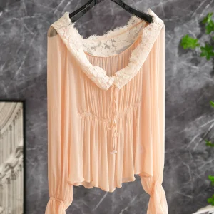 Spring Summer Orange Pink Lace Trim Shirt Loose Fit Gored Hem Belted Waist Lantern Sleeve Original Design Women's Top - AliExpress Shirts & Blouses
