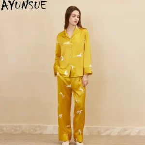 AYUNSUE 19MM Natural Mulberry Silk Sleepwear Women Home Clothes Casual Pajama Set Woman Summer Long Sleeve Top Pants Пижама - AliExpress Women's Sleep & Lounge