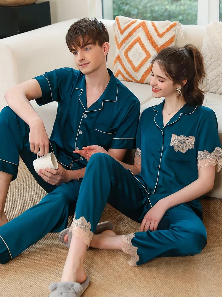 New Couple's Pajamas Men's Short sleeved Home Clothes Silk Thin Premium Set - AliExpress Women's Sleep & Lounge