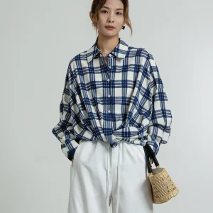 Retro Geometric Blue White Plaid Knot Long Sleeve Women's Shirt Early Spring Outerwear Top Loose Fit Breathable Cotton - AliExpress Shirts & Blouses