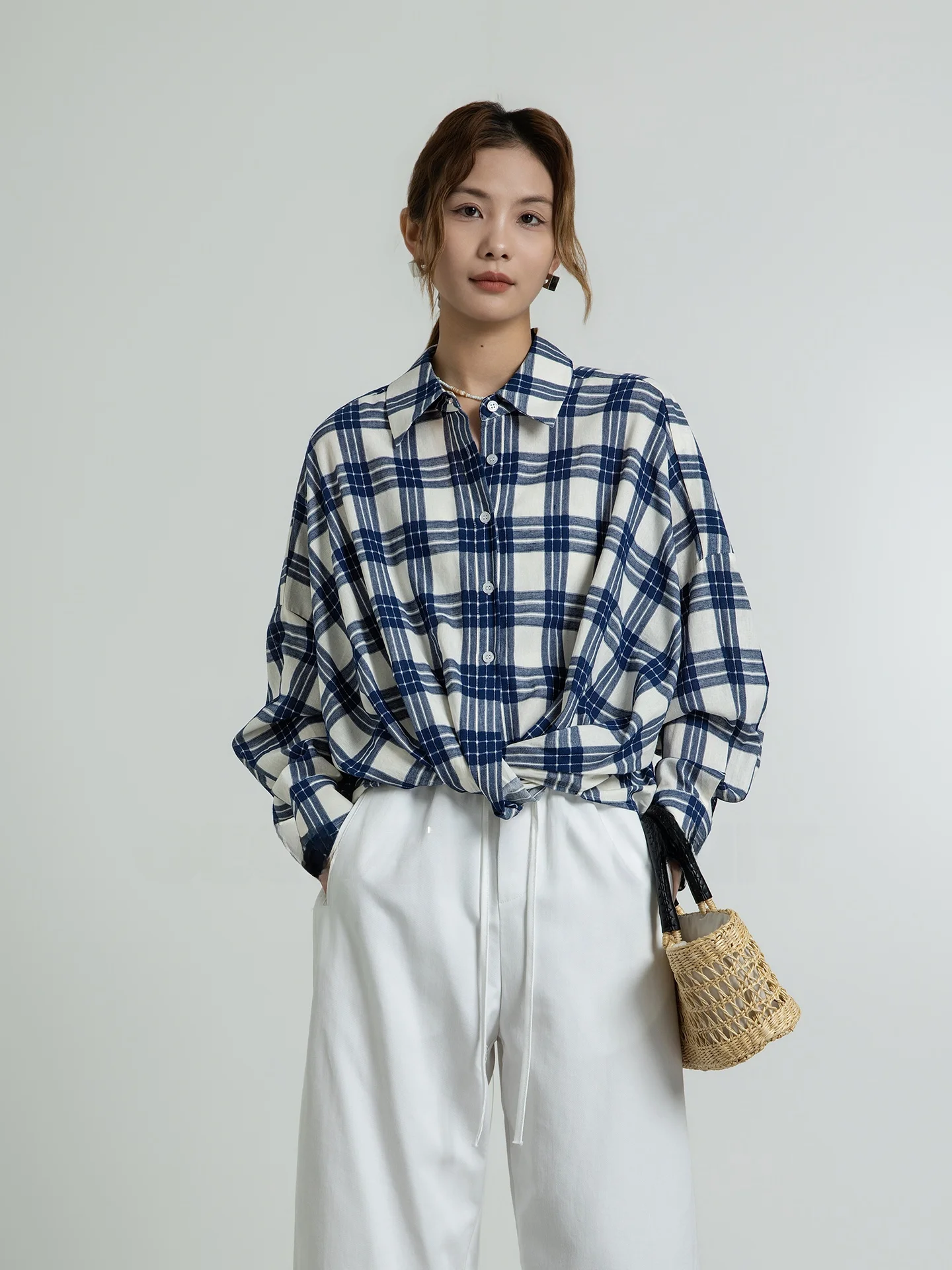 Retro Geometric Blue White Plaid Knot Long Sleeve Women's Shirt Early Spring Outerwear Top Loose Fit Breathable Cotton - AliExpress Shirts & Blouses