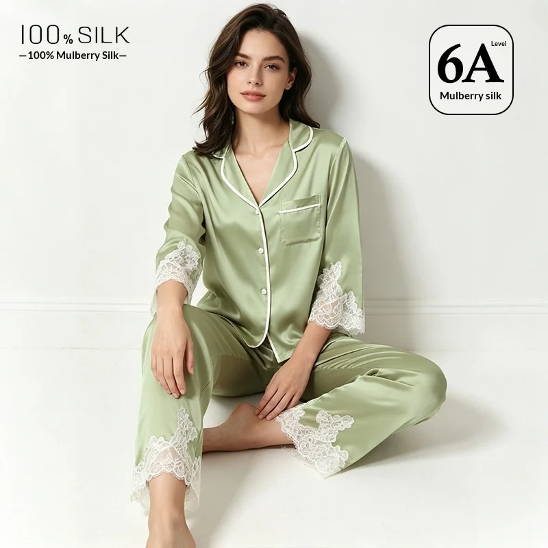 19MM 100% Mulberry Silk Pajama Set Women Lace Trim Notch Collar Luxury Silk Loungewear 2 Piece Solid Wearable Outside Sleepwear - AliExpress Women's Sleep & Lounge