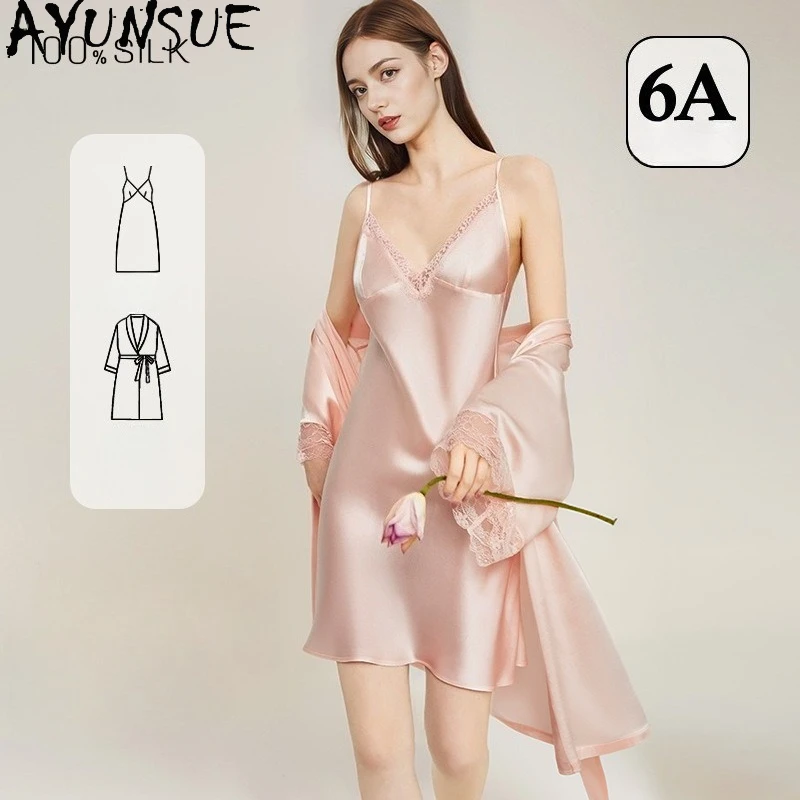 AYUNSUE 100% Real Mulberry Silk Robe & Gown Sets Women Spring Summer Pajama 16mm Silk Sexy Sleepwear Women's Home Clothes 파자마 - AliExpress Women's Sleep & Lounge