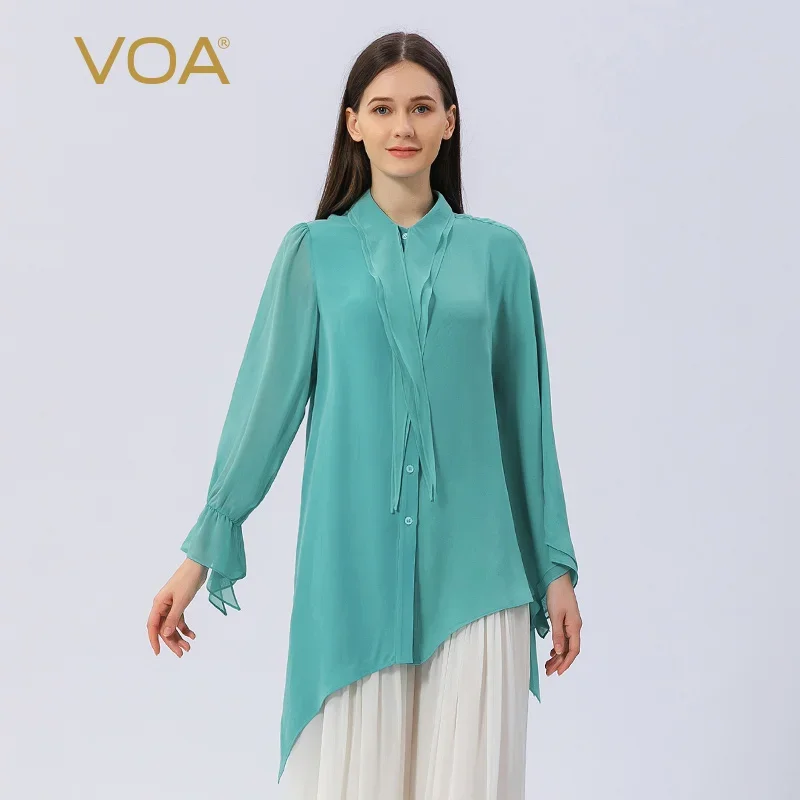 VOA Grace Stand Collar with Ruffles Asymmetrical Silk Women Shirts Streetwear Georgette Long Sleeve Tops Mojito Blue Shirt BE822 - AliExpress Shirts & Blouses