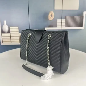 Black Caviar Leather Chevron V-Stitch Quilted Tote Bag, Large Flap Shoulder Crossbody with Two-Tone Silver Interwoven Chain, Luxury Designer Inspired Office Travel Handbag - AliExpress Women's Handbags