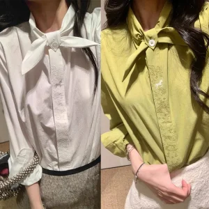 French Sle Embroidered Faion irt Women's aron Color oulder Tie Neline Long Sve Cotton Pure Breathable Spring ... - AliExpress Shirts & Blouses