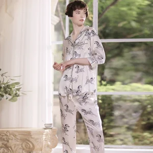 Women's 100% Mulberry Silk Zebra Print Pajama Set Spring Lapel Shirt & Trousers Loungewear Outside Button Down Pajamas Nightwear - AliExpress Women's Sleep & Lounge