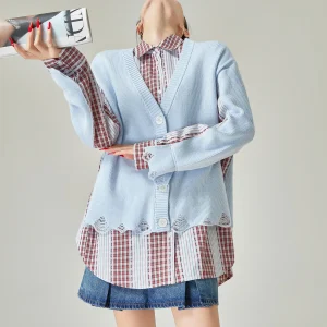 Loose Knitted Blue irt for Women with Hole Patchwork Striped Plaid Fake Two-Piece Design Casual Slimming Top - AliExpress Shirts & Blouses