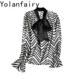 YOLANFAIRY 95% Mulberry Silk 5% Spandex Long Sleeve Shirts Woman Spring Autumn Fashion Striped Shirt Women's Silk Top New Blouse - AliExpress Shirts & Blouses