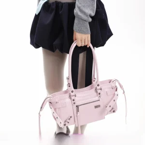 Original JANDRESS 2026 Spring Summer New Pink Rivet Spicy Girl Motorcycle Bag Long Handle Underarm Bag Fashion Trend Pure Color - AliExpress Women's Handbags