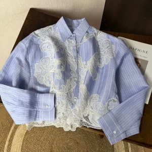 2026 New Summer Sexy Hollow Out Lace Embroidered Short Shirt Fashion Women Striped Blue Silk Linen Tops - AliExpress Shirts & Blouses