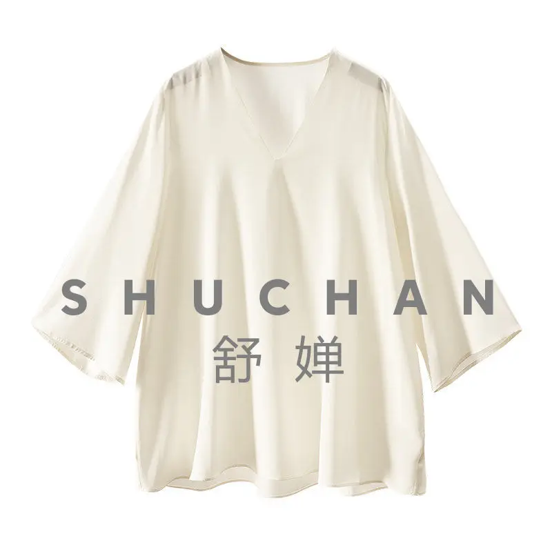 Light Luxury Penny Texture Blouse French Simple Silk Satin V-neck Nine-point Flared Sleeve Shirt Women's 21C3 - AliExpress Shirts & Blouses