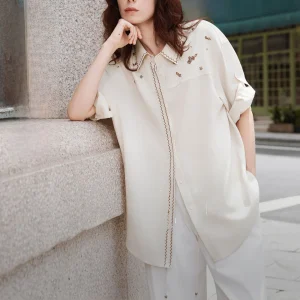 Elle Summer 2026 Women's Casual Cotton Embroidered Shirt Vintage Color Block Loose Fit Commute Style Seven Sleeve Length - AliExpress Shirts & Blouses