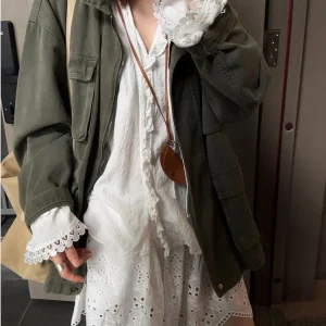 Arnapan Sweet And Cool Lace Embroidery Military Green Heavy Work Shirt Set Women's Loose Fit Cotton Long Sleeve Cardigan - AliExpress Shirts & Blouses