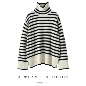 Autumn/Winter Women's 100% Cashmere Sweater Casual Striped Knitted Hoodie Bottom Sweater Loose High Neck Tops Thick Jumper Warm - AliExpress Sweaters&Jumpers