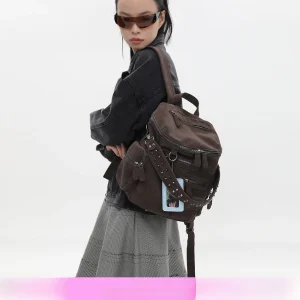 Suede Brown Motorcycle Backpack Commuter Soft Double Shoulder Bag Zipper Rivet Female Fashion Bag JANDRESS Original Design - AliExpress Women's Handbags