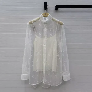 Novelty Sweet Transparent Mesh Shirt Women Embroidery Pattern Lapel Long Sleeve Blouse With Silk Camis Designer Tops - AliExpress Shirts & Blouses