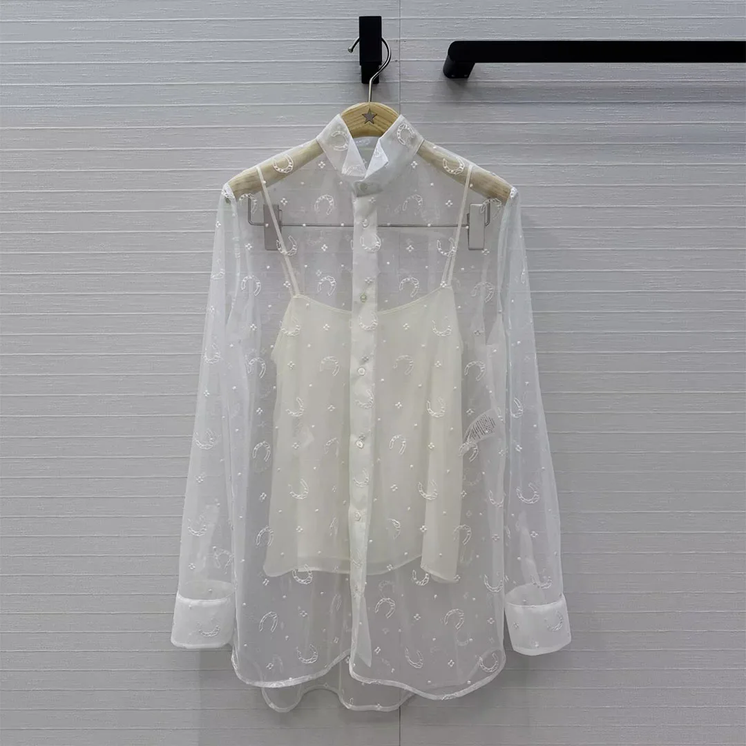 Novelty Sweet Transparent Mesh Shirt Women Embroidery Pattern Lapel Long Sleeve Blouse With Silk Camis Designer Tops - AliExpress Shirts & Blouses