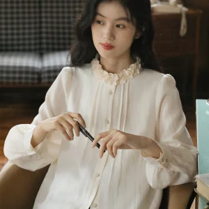 Nesoulum Vintage Sle Long Sve Ruffle Collar Silk Women's irt Floral Lace Trim Wooden Ear Design Spring Top - AliExpress Shirts & Blouses
