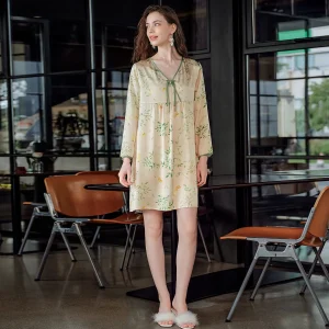 Long Sleeve 100% Mulberry Silk Sleep Dress Chinese Knot Button Women's Pajamas Nightdress Versatile Short Nightgown Loungewear - AliExpress Women's Sleep & Lounge
