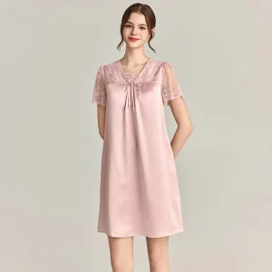 Sexy Lace 100% Mulberry Silk Short-sleeved Nightgowns Summer Chemise Women's Home Clothes Bow Tie Mini Dress Sexy Nightdress PJS - AliExpress Women's Sleep & Lounge