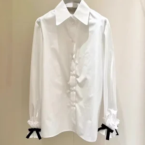 2026 Spring Preppy Style Women Loose White Shirt Turn Down Collar Long Sleeve Fashion Bow Ruffles Tops - AliExpress Shirts & Blouses